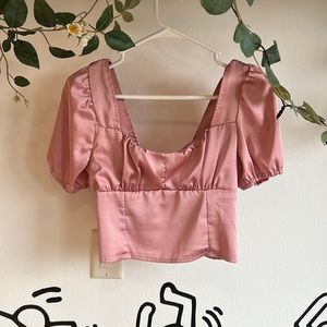 Love Tree Pink Satin Cropped Puff Sleeve Shirt Size Medium